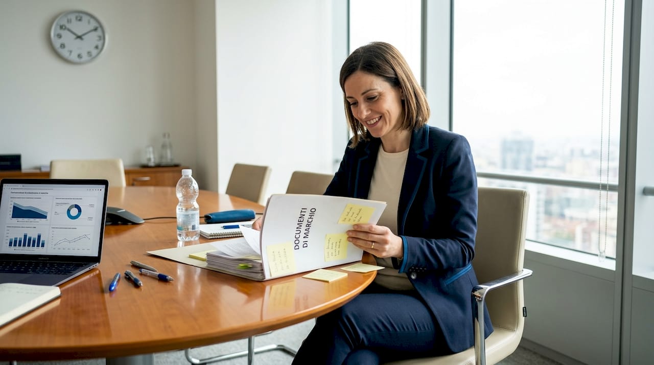 Una donna controlla che i requisiti del marchio siano presenti nei documenti.