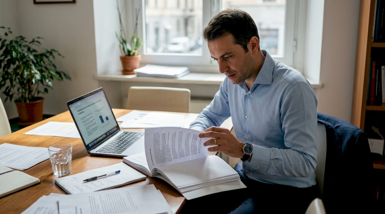 Un dipendente sta esaminando i documenti necessari per la due diligence.