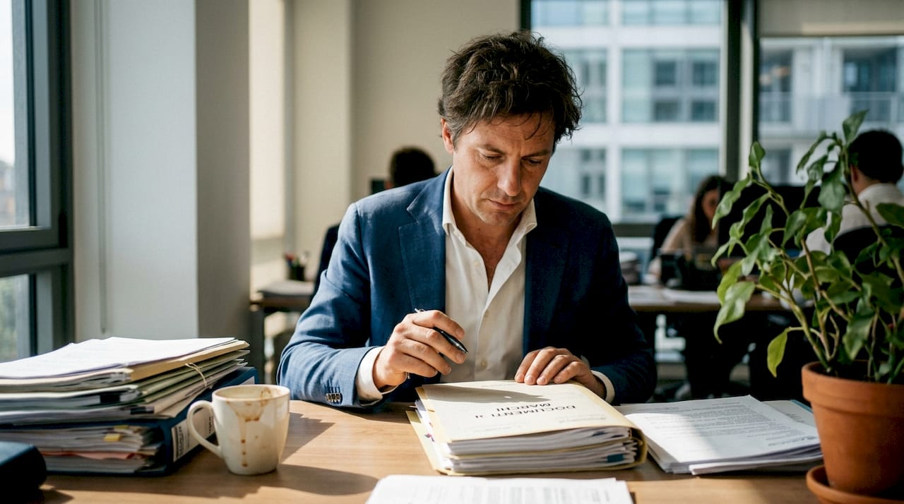 Esperto in diritto dei marchi al lavoro, intento ad analizzare documenti e pratiche sulla sua scrivania.