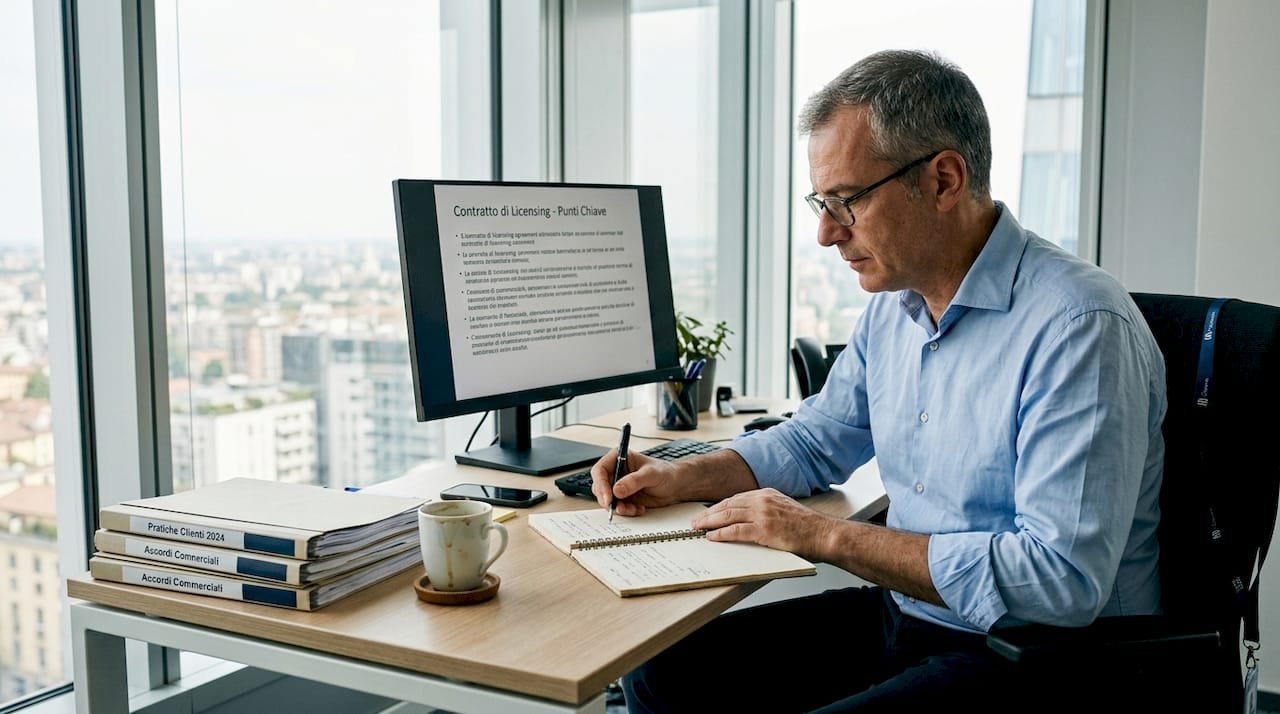Un consulente analizza attentamente un contratto di licenza per valutarne i termini e le condizioni.