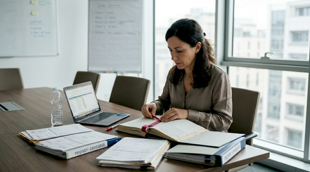 Una donna sistema delle prove sul tavolo insieme a diversi documenti.
