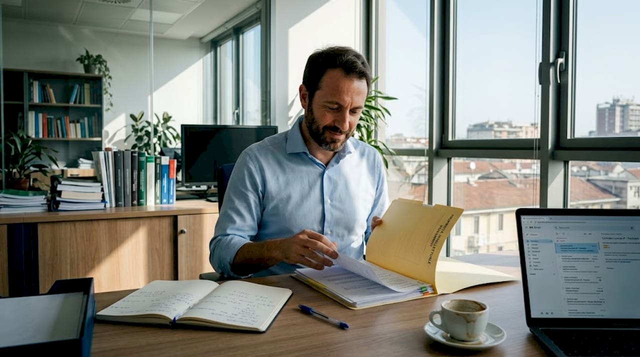 Un imprenditore sta analizzando la documentazione relativa al marchio nel suo ufficio.