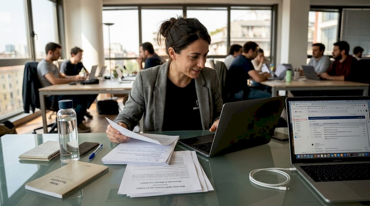 Un esperto del settore tecnologico analizza documenti relativi a marchi registrati davanti al suo laptop.