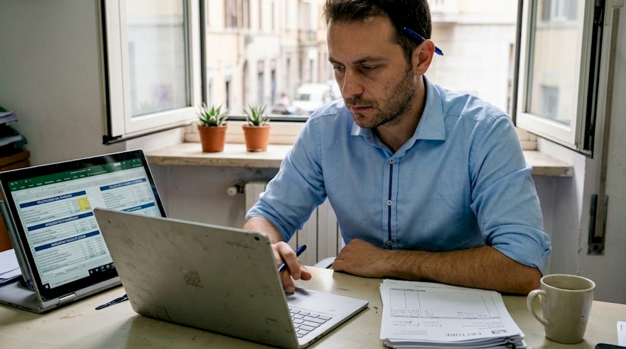 Un commercialista analizza i fogli di calcolo per la valutazione del marchio.