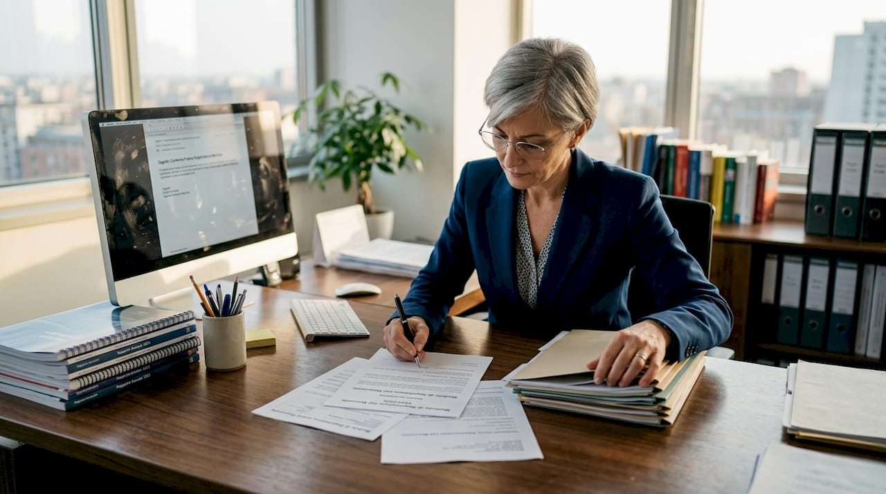 Un dirigente al lavoro, intento a firmare documenti sulla scrivania del suo ufficio.