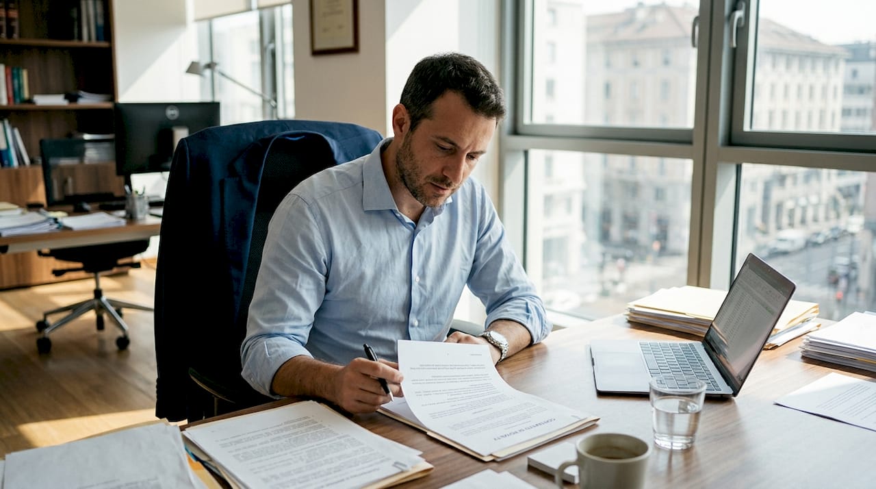 Imprenditore che analizza un contratto di royalties alla propria scrivania in ufficio