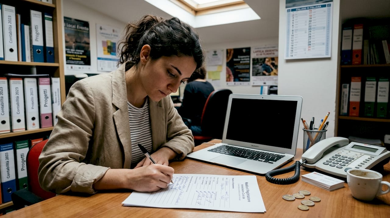Una donna è seduta alla scrivania mentre compila la domanda per il brevetto.