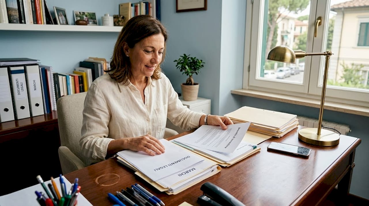 Un imprenditore italiano esamina la documentazione relativa alla richiesta di brevetto, valutando attentamente ogni dettaglio per assicurarsi che tutto sia in regola.