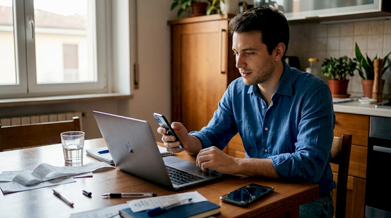 Uomo che controlla profili di marchi falsi al computer
