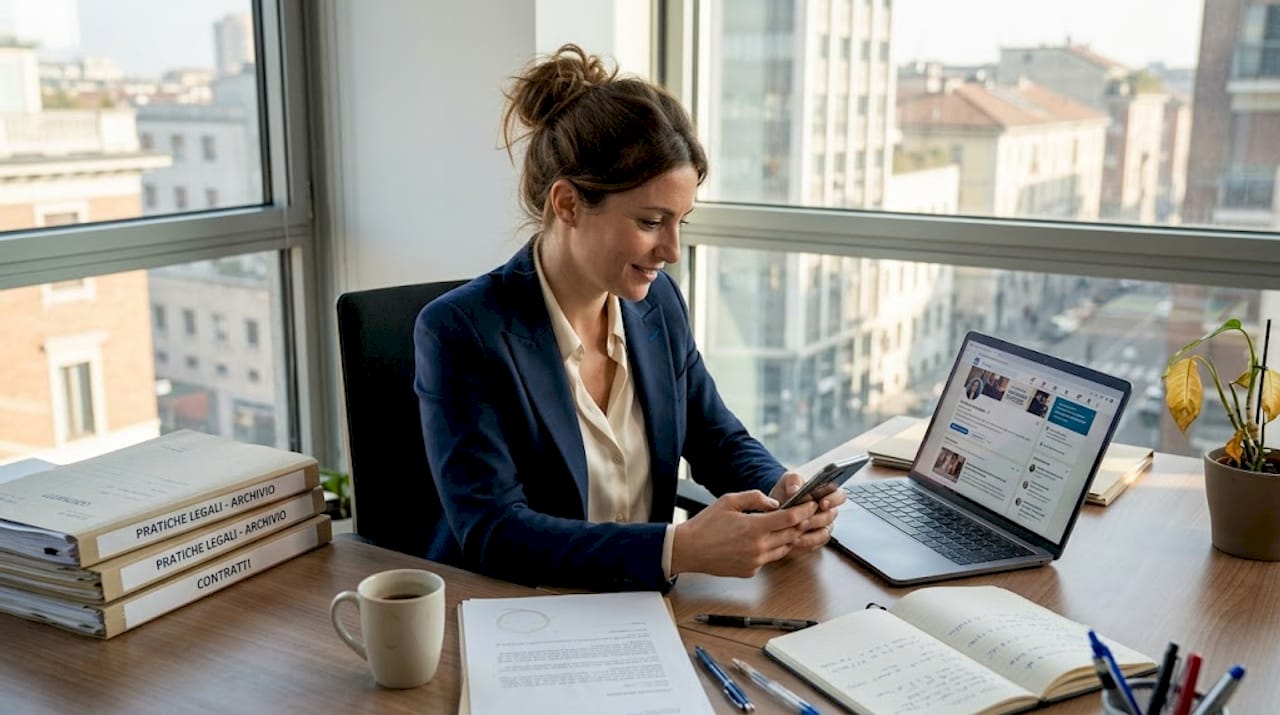 Un avvocato esamina le notifiche relative ai marchi mentre lavora in ufficio.