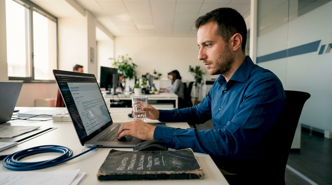 Un tecnico sta raccogliendo e organizzando dati sulla blockchain direttamente dal suo portatile.