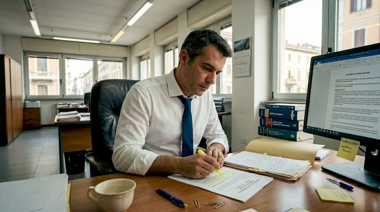 In studio, l’avvocato esamina attentamente la documentazione relativa al diritto d’autore.