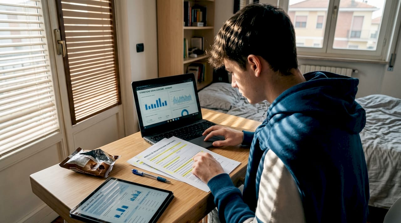Influencer alle prese con la verifica dei documenti per l’iscrizione, comodamente seduta alla scrivania di casa.
