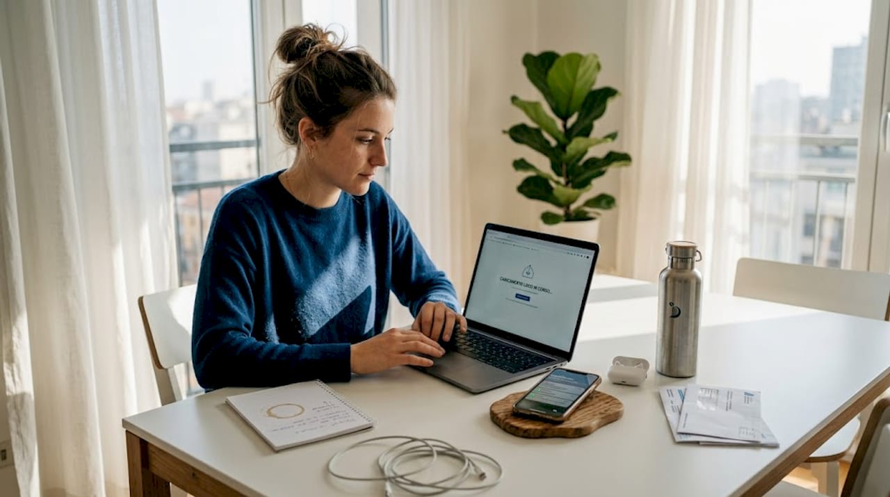 Un'influencer alle prese con la registrazione del suo marchio, lavorando al tavolo della cucina trasformato in ufficio.