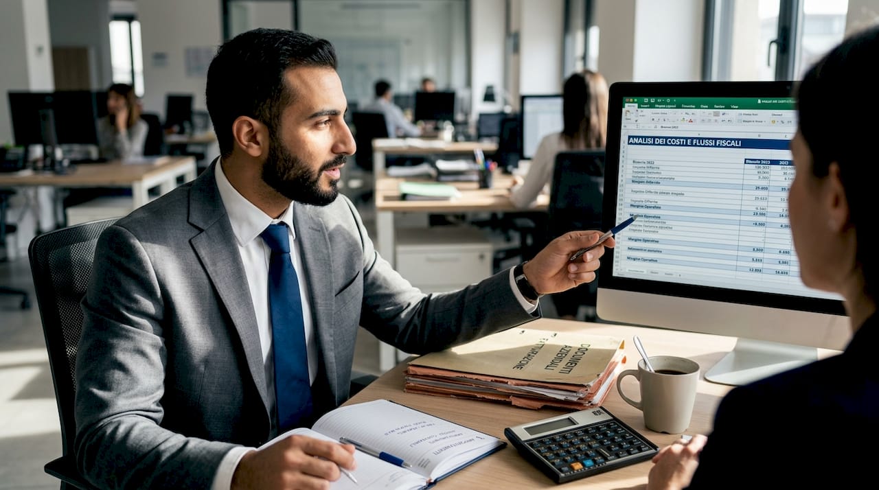 Un esperto contabile valuta i costi legati alla registrazione di un marchio a Dubai.