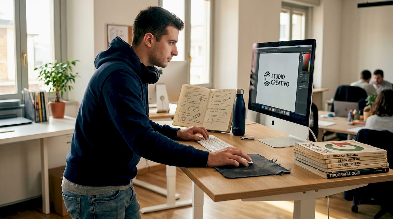 Un designer al lavoro sulla modifica del logo davanti alla sua postazione in ufficio.