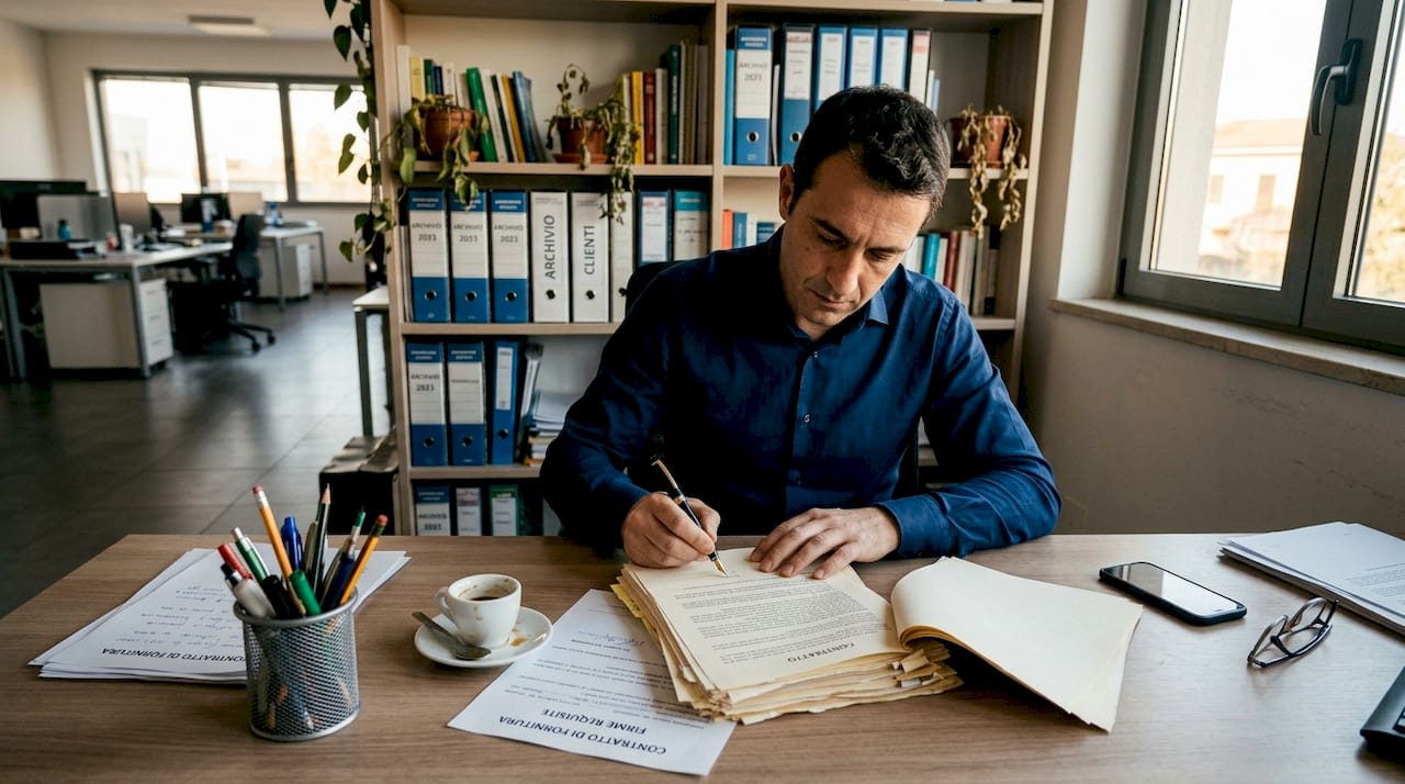 Un imprenditore appone la sua firma su alcuni documenti di lavoro, seduto alla scrivania del suo ufficio.
