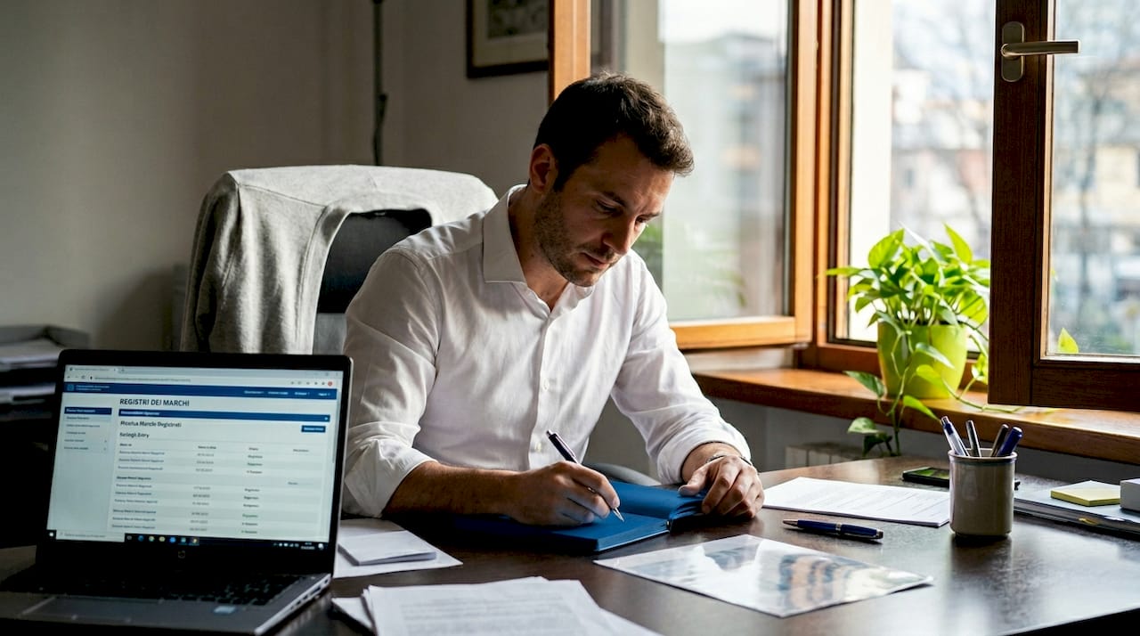 Imprenditore al lavoro che consulta documenti e risorse per verificare la registrazione di un marchio.
