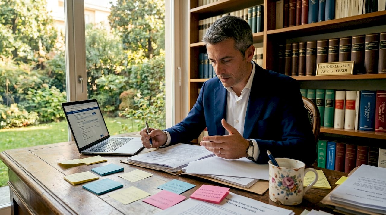 Un imprenditore sta esaminando la documentazione relativa al marchio depositato presso l’UIBM.