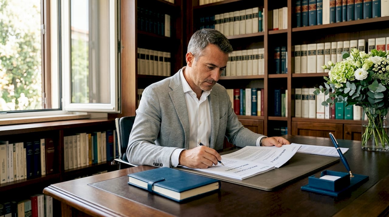 Avvocato alle prese con l’analisi di documenti legali relativi a una causa per la registrazione di un marchio.