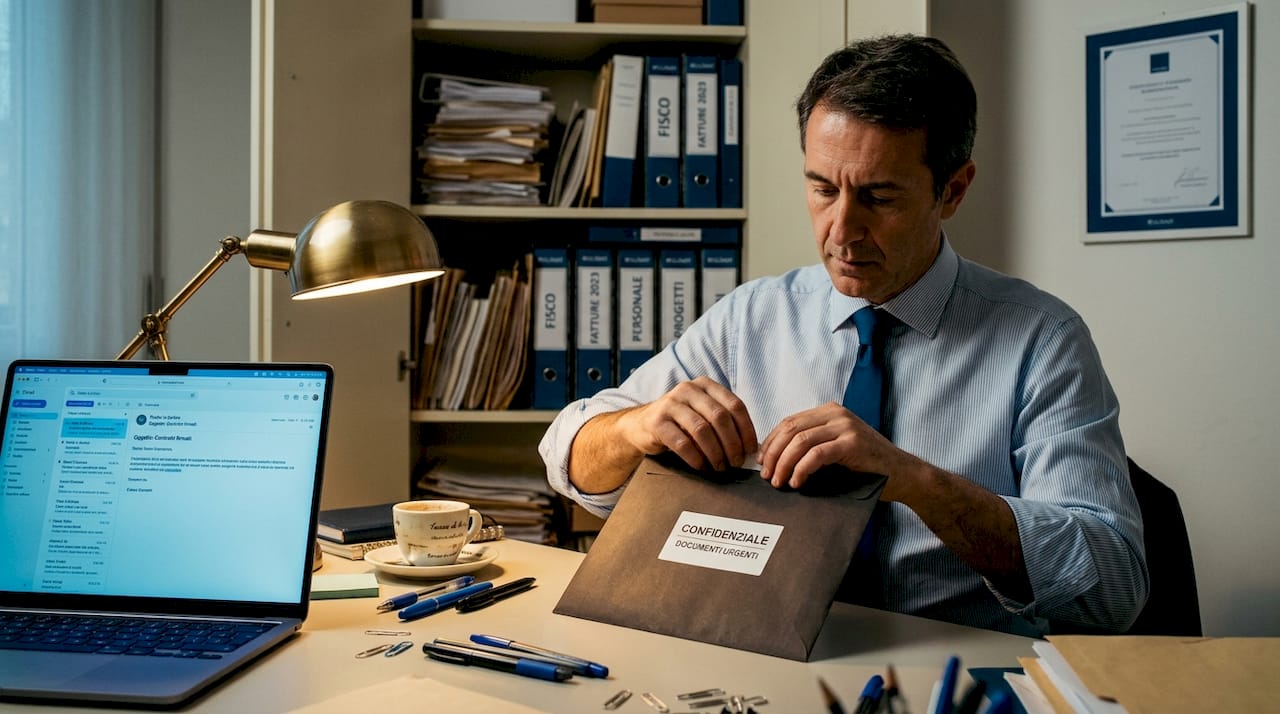 Uomo che sigilla un documento riservato nel suo ufficio di casa