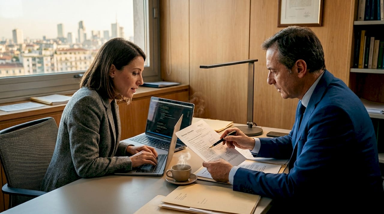 Il fondatore di una startup si confronta con il suo consulente legale sulle strategie per depositare una domanda di brevetto.