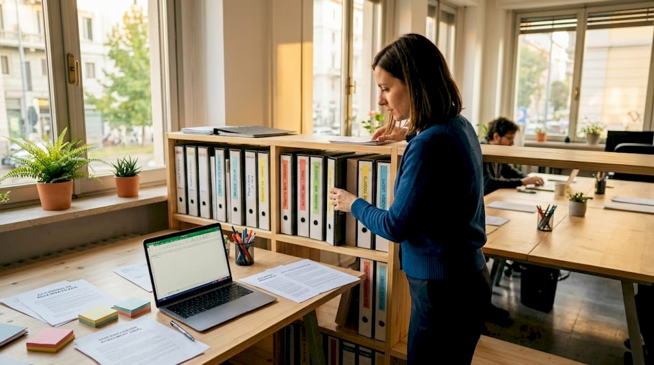 Una donna sistema i documenti del progetto prototipo sugli scaffali dell’ufficio, mettendo ordine tra le carte e organizzando tutto con cura.