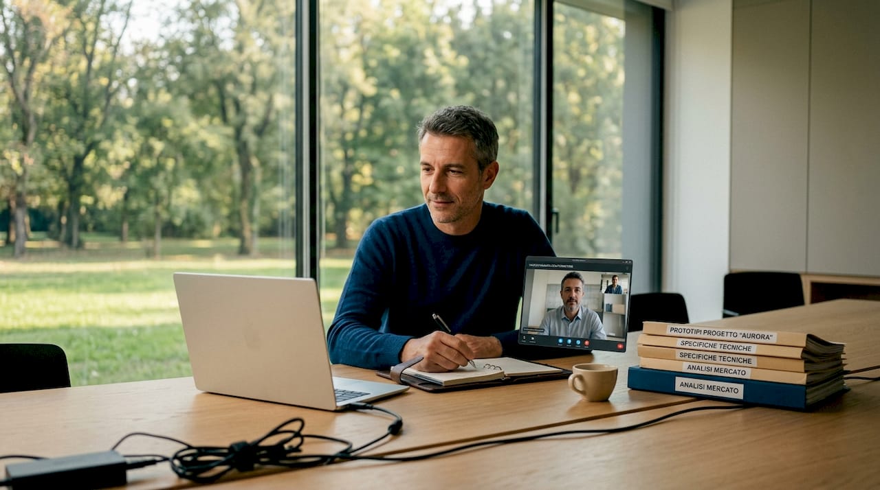 Il fondatore sta trattando con un fornitore in videoconferenza, seduto in uno spazio coworking.