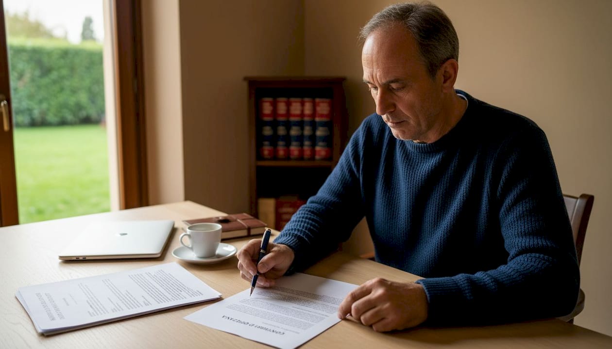 Imprenditore seduto alla scrivania mentre esamina attentamente un contratto di royalties.