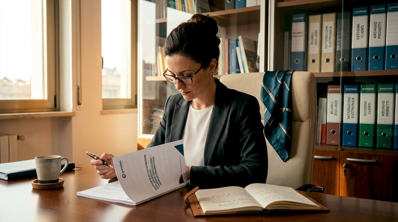 Donna concentrata alla scrivania mentre esamina i documenti relativi alla valutazione del marchio.
