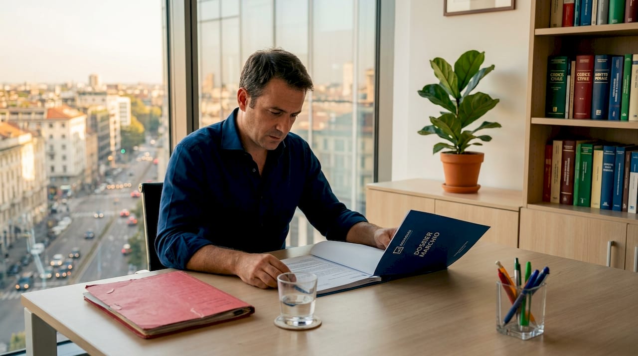 Un esperto sta esaminando la documentazione relativa a un marchio all’interno dell’ufficio legale.