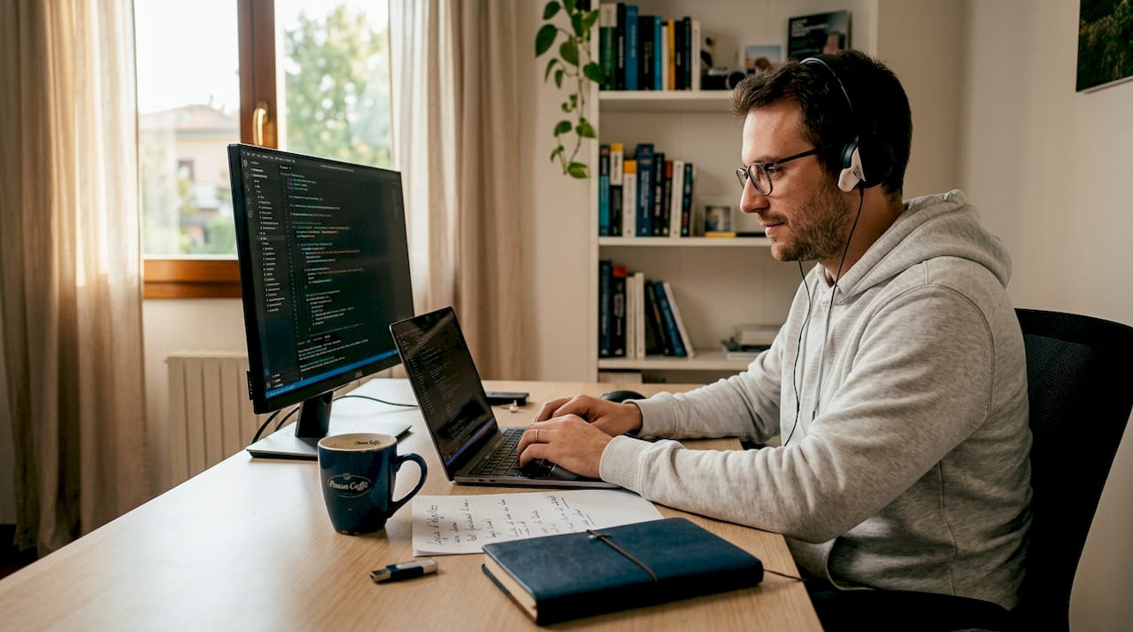 Sviluppatore software al lavoro nel proprio studio di casa