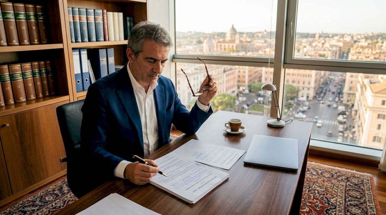 Consulente che analizza un contratto di franchising alla scrivania del proprio ufficio