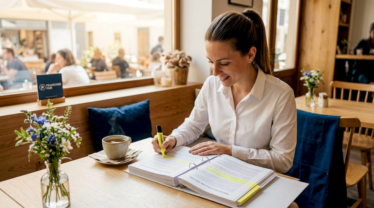 Il responsabile di una catena in franchising che esamina il manuale operativo in uno spazio di coworking.