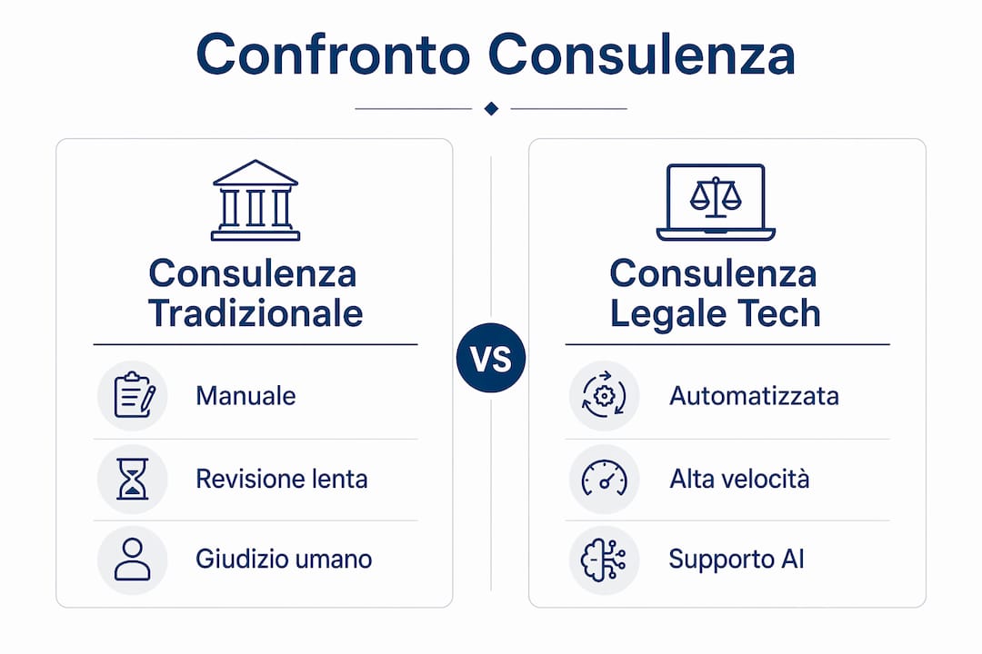 Infografica: confronto tra consulenza legale tradizionale e soluzioni legal tech