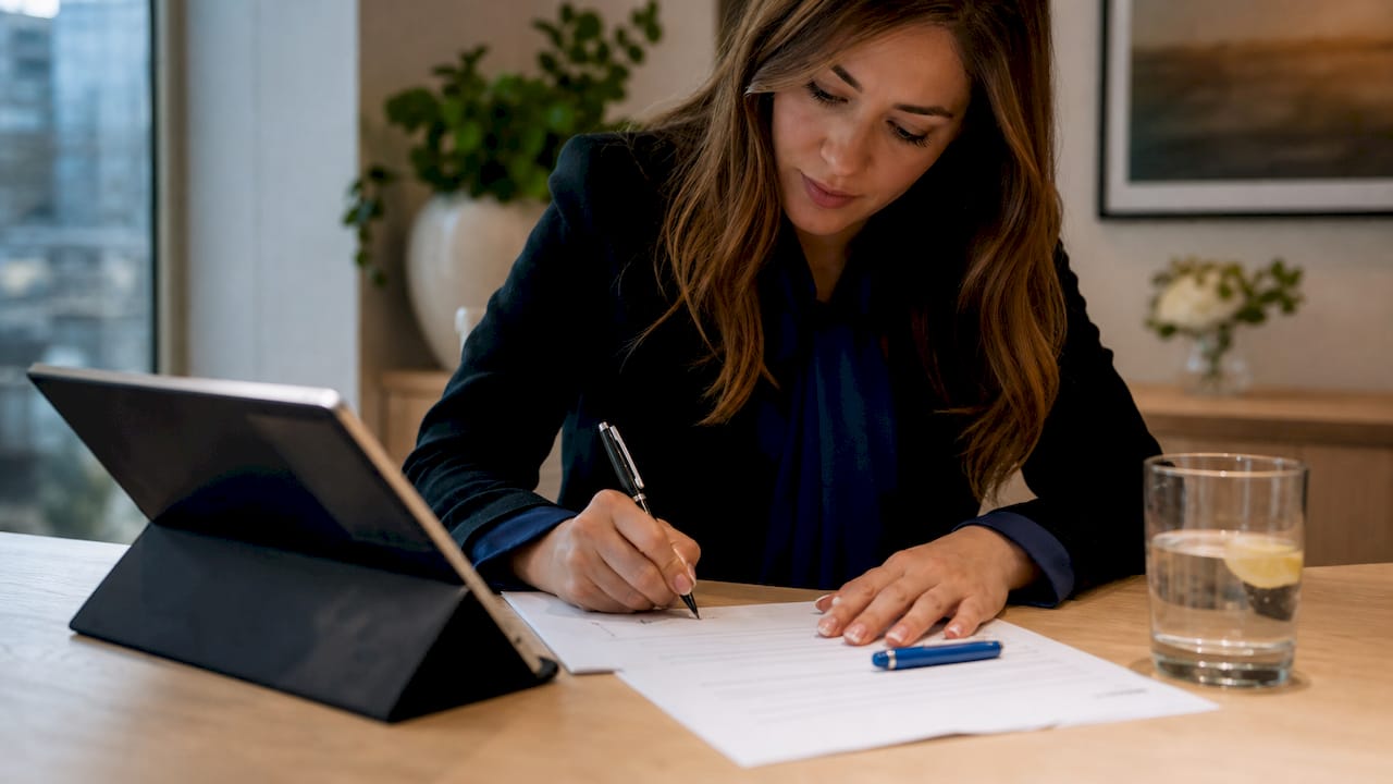 Imprenditrice che firma il modulo per l’identificazione del beneficiario