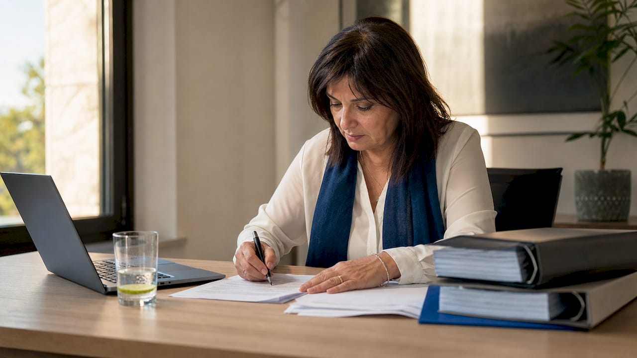 Consulente fiscale che analizza documenti cartacei relativi alla dichiarazione dei redditi