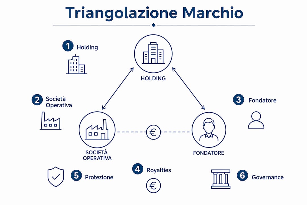 Infografica che illustra le fasi fondamentali della costruzione del brand attraverso la triangolazione