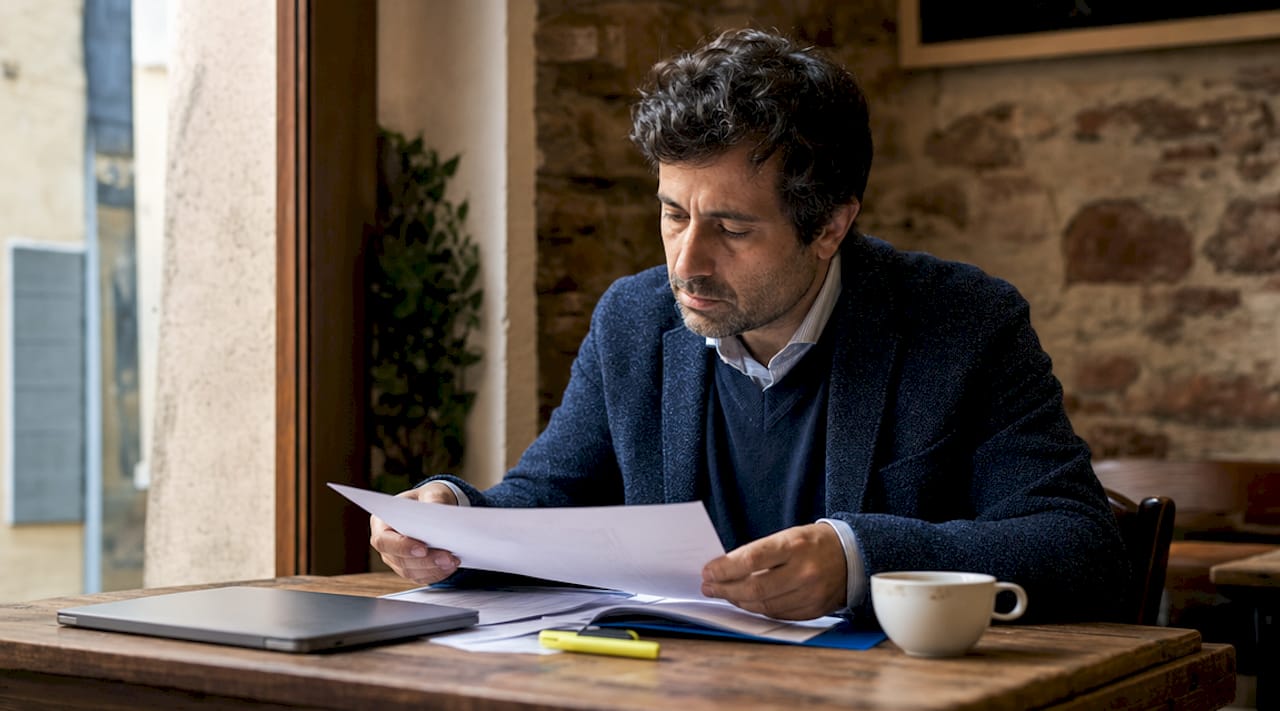 Commercialista esperto in fiscalità che analizza la documentazione relativa ai diritti d’autore.