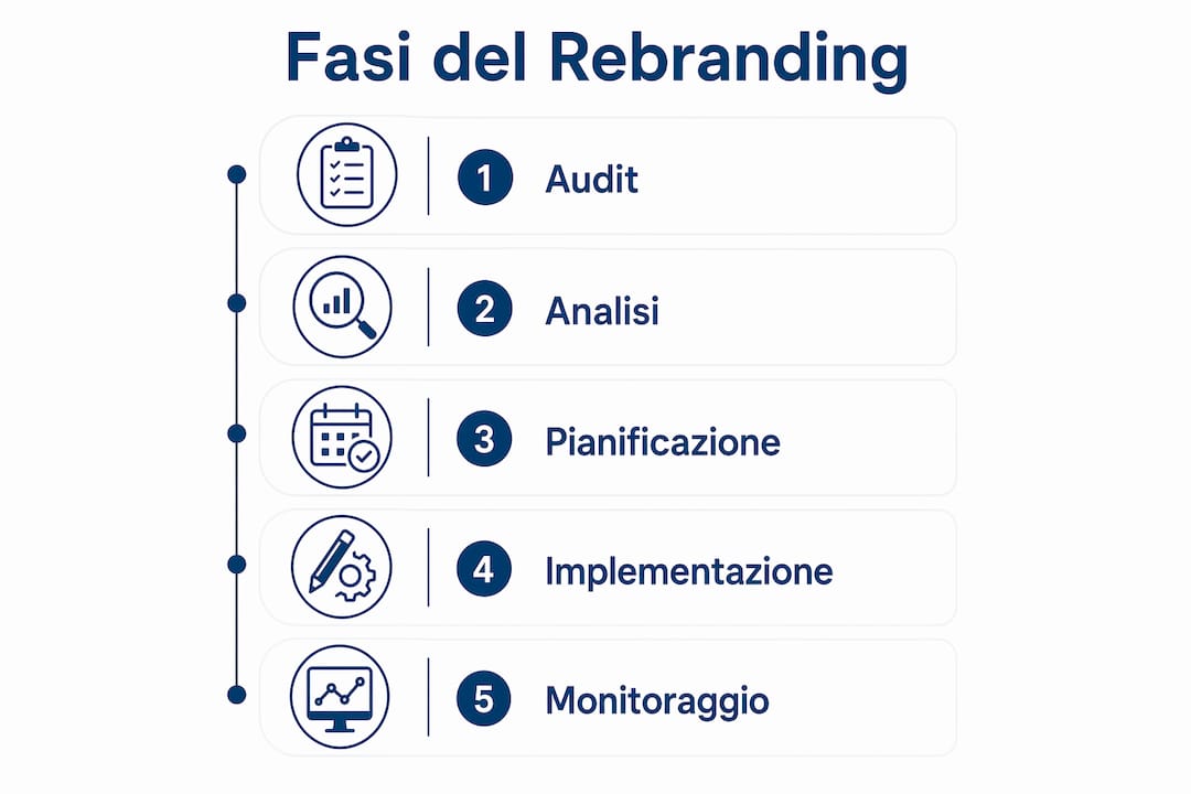 Infografica che illustra le tappe fondamentali del processo di rebranding