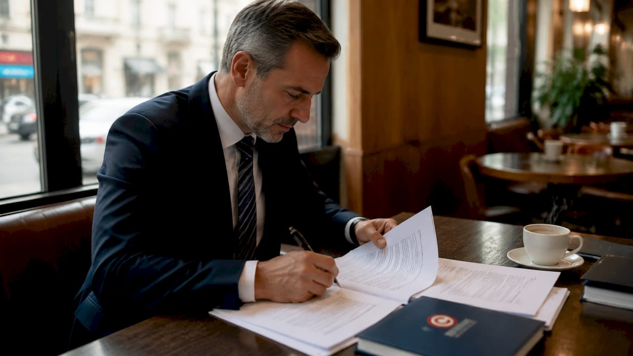 Imprenditore che esamina i documenti relativi alla divisione degli asset nel proprio ufficio.