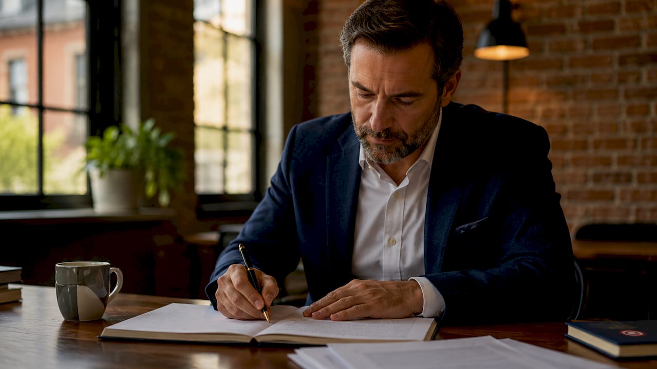 Una mano firma una clausola importante all’interno di un contratto.