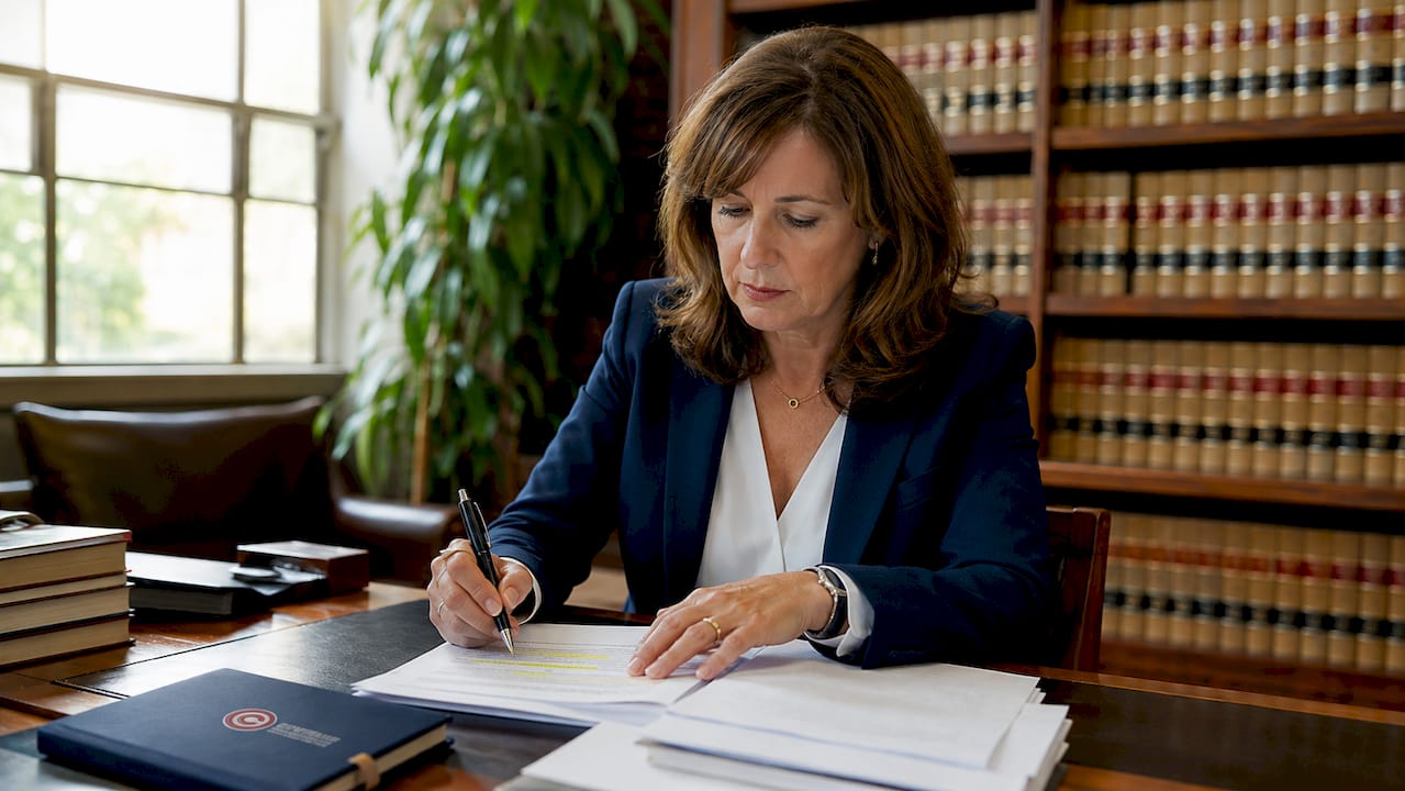Donna d’affari che esamina documenti relativi a marchi registrati nel suo ufficio