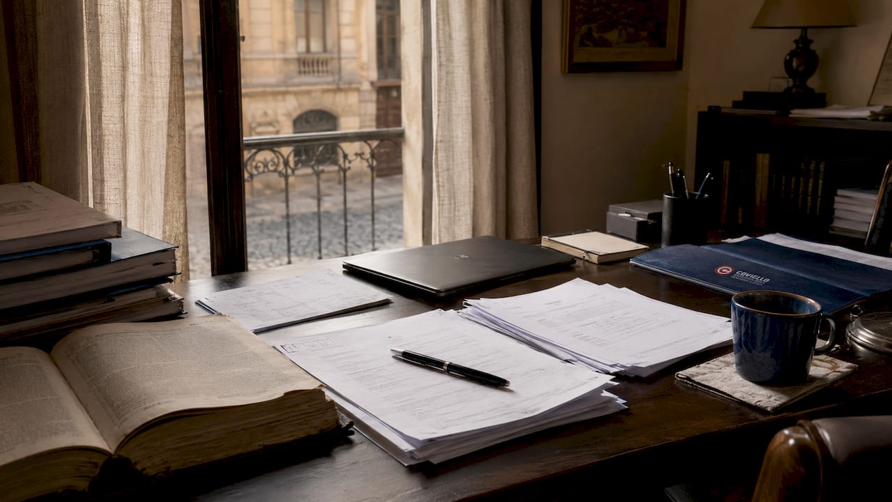 Scrivania con documenti per la registrazione di marchi e strumenti di lavoro