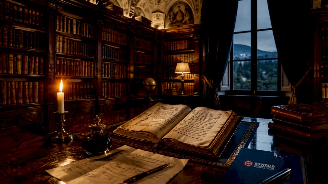 Manoscritto aperto affiancato da strumenti giuridici su una scrivania