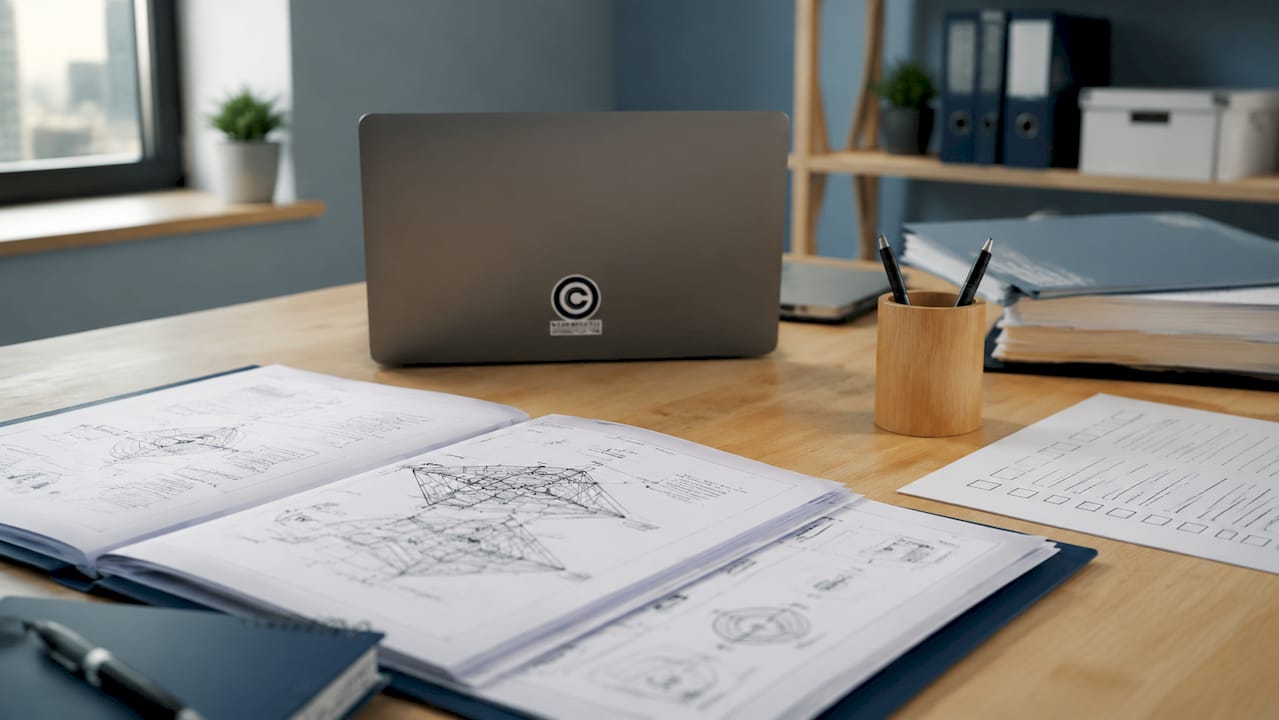 Scrivania di una start-up con documenti per il brevetto e computer portatile