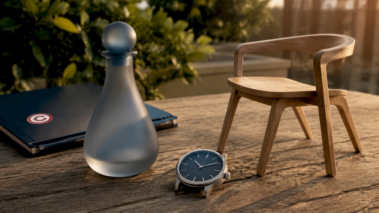 Design di prodotti fisici presentati su una superficie bianca