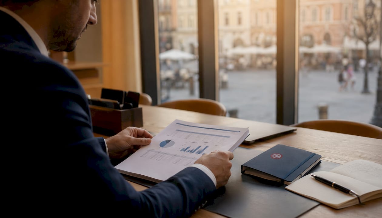 Mani che scorrono tra pagine di bilanci e report finanziari