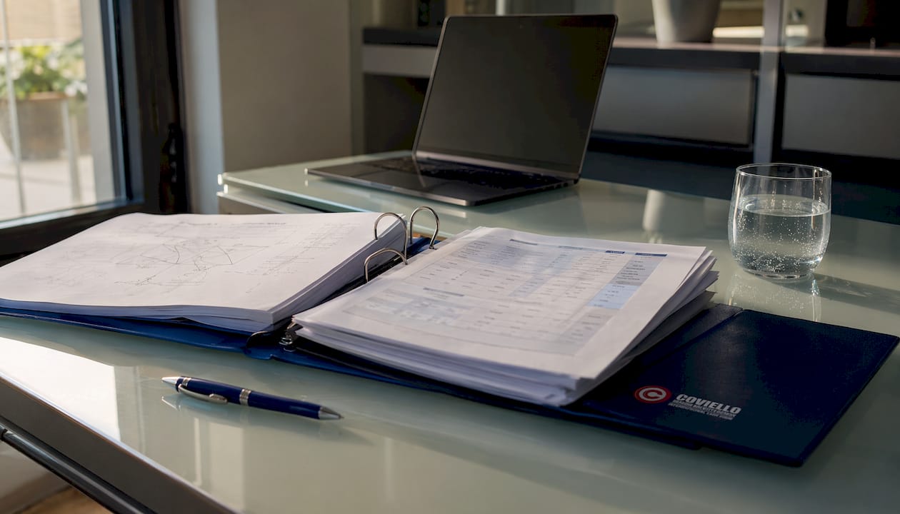 Una scrivania illuminata dalla luce del mattino, con fogli sparsi e il laptop ancora spento.
