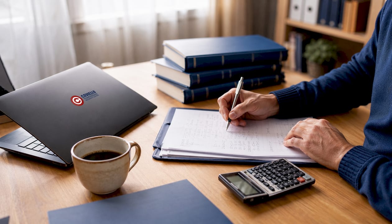 Mani al lavoro su una scrivania contabile, impegnate nel calcolo delle imposte differite.